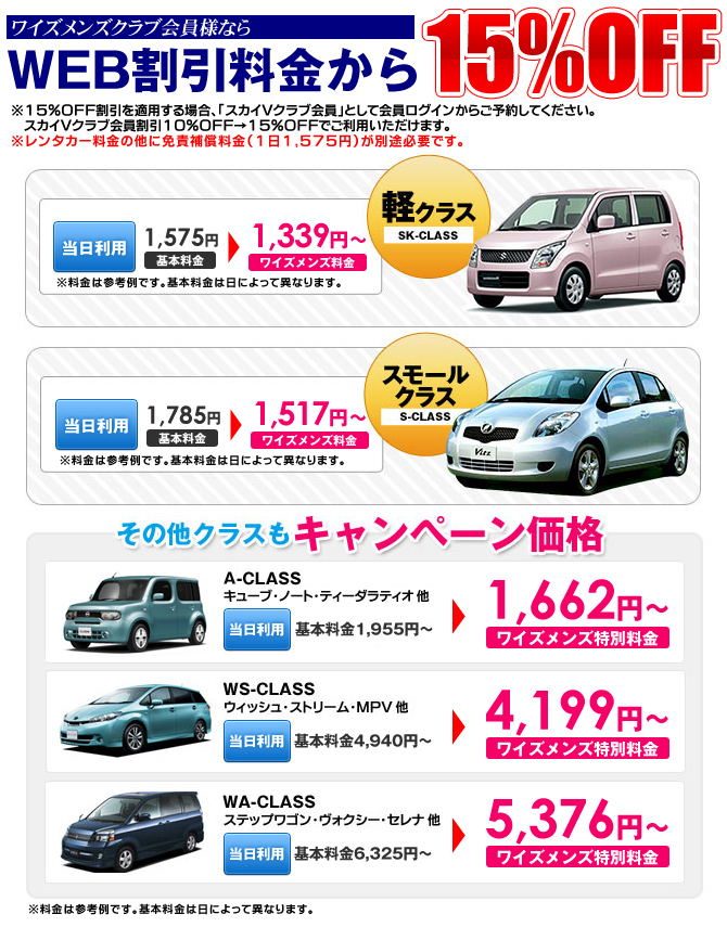 クラス別ワイズメンズ会員様特別料金